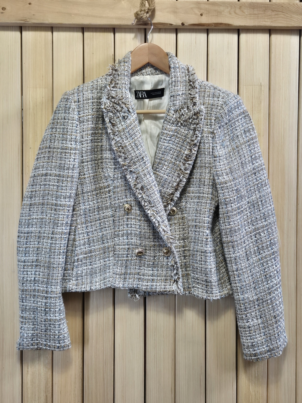 Zara Women's Beige Tweed Double-Breasted Blazer